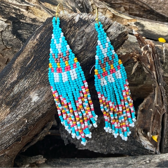 Saratoga Native American Inspired Beaded Fringe Earrings Turquoise Multicolor - Picture 2 of 8